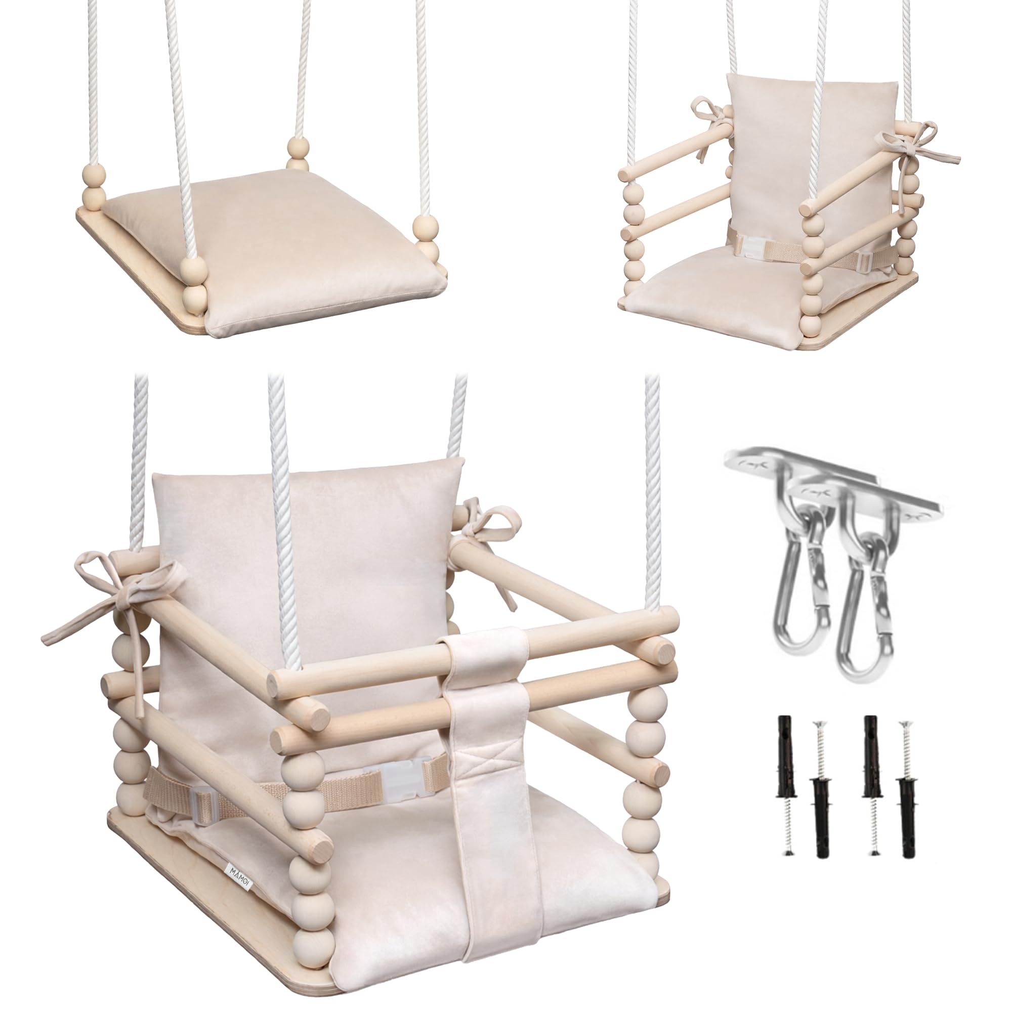 MAMOI® Huśtawka dziecięca 3 w 1 + PAS BEZPIECZEŃSTWA | Regulacja wysokości 190-260cm | Drewniana huśtawka dla dzieci | Wewnętrzna huśtawka dla dzieci do domu | CE | 100% ECO | Wyprodukowano w UE