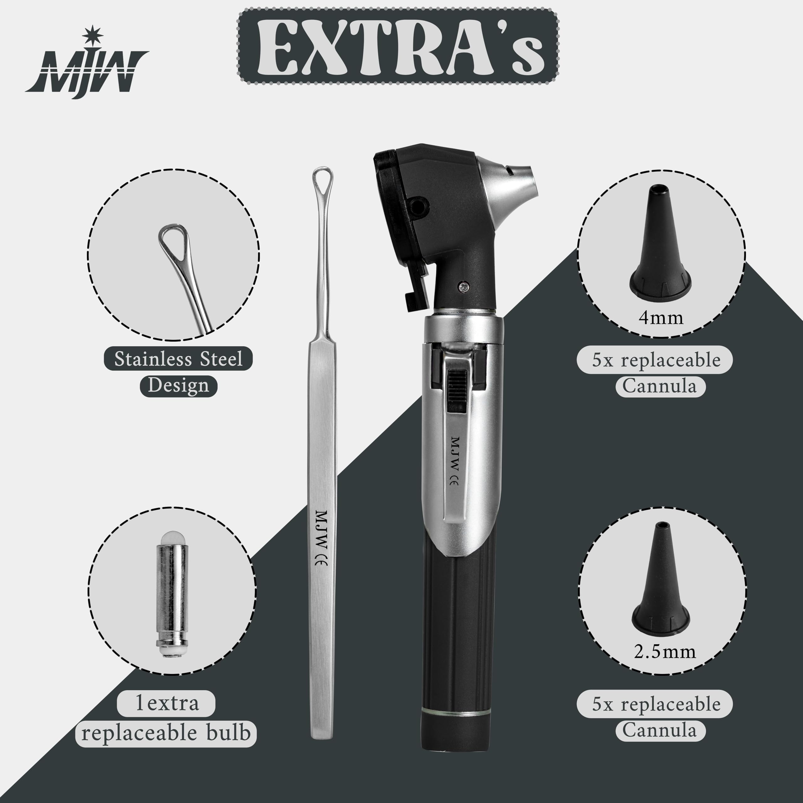 Mini otoscope à fibre optique noir avec LED remplaçable