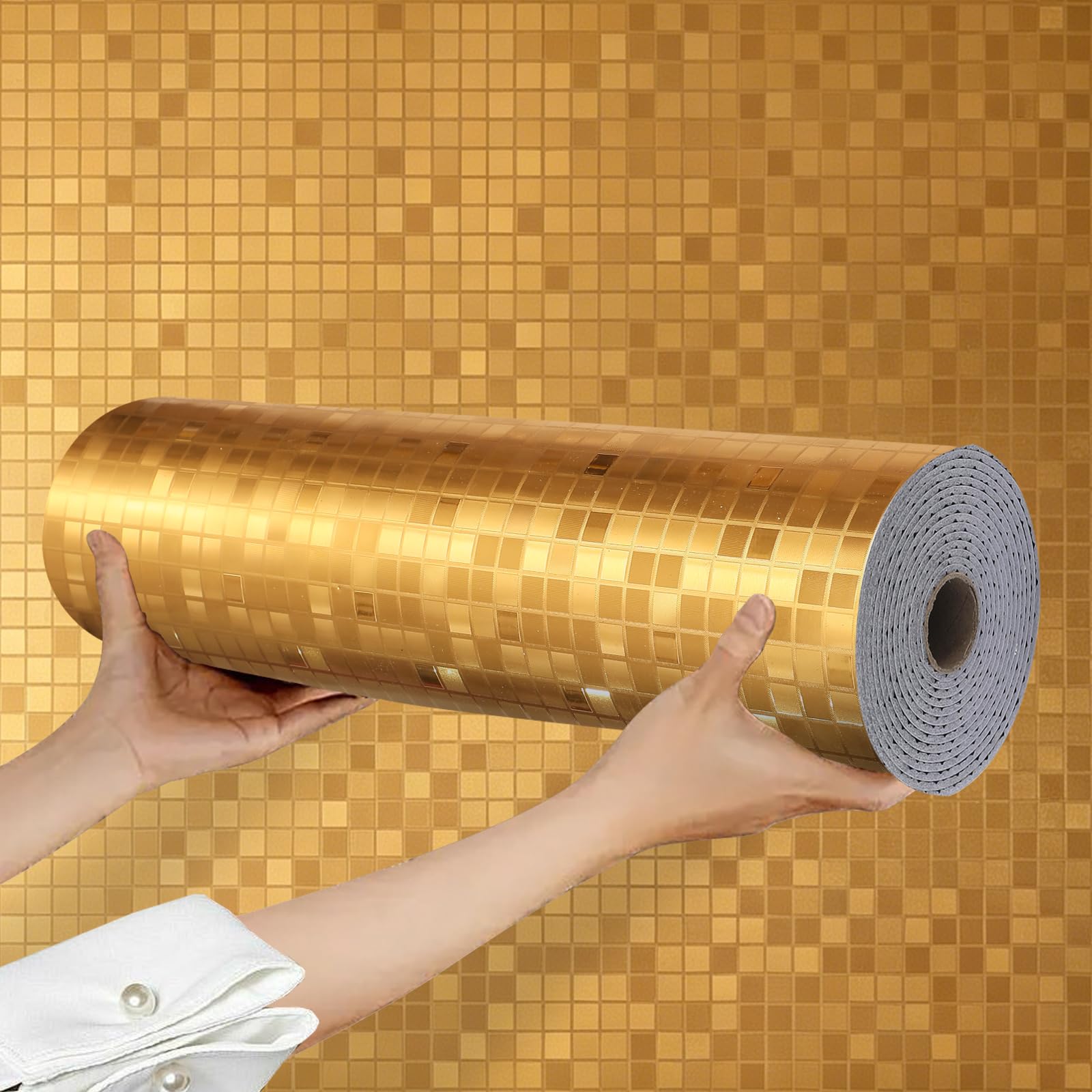 Takezuaa 3D Mosaic Self Adhesive Wallpaper 2.2mm Thick Vinyl Gold Mosaic Metallic Peel and Stick Wallpaper Mirror Reflective Texture for Bathroom Kitchen Splashback Spa Decor 1Roll 300x40cm