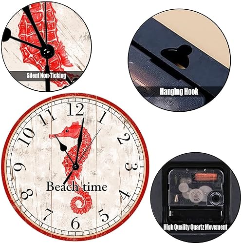 Miniatura 3 de Reloj de pared decorativo de madera con caballito de mar rojo, reloj de pared de madera de caballito de mar de playa, reloj de pared de cuarzo,