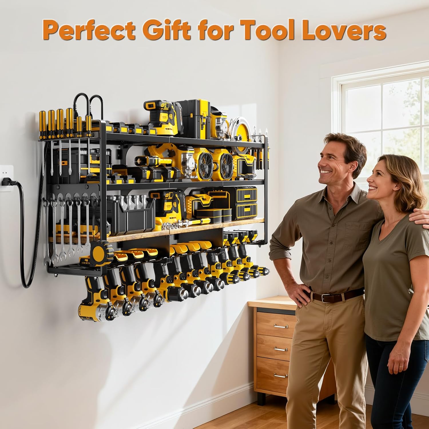 49.5" W Large Power Tool Organizer with Charging Station, 4 Layer Heavy Duty Utility Rack Loads 800lbs, Holds 8 Cordless Drills, Wall Mount Tool Shelf with 8-Outlet Power Strip, Gift for Men