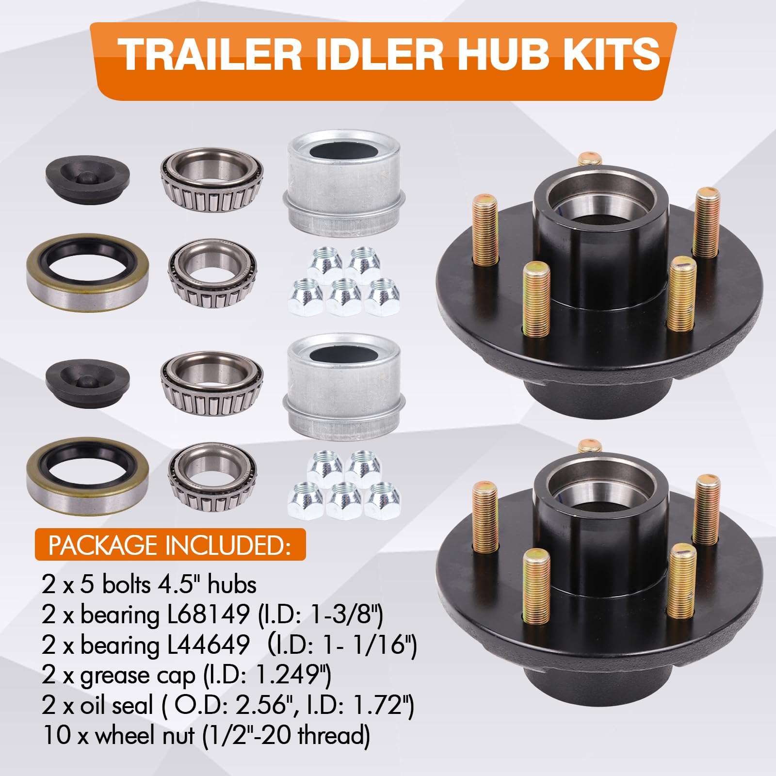 5 Lug Trailer Idler Hub Kit - 5 On 4.5 Bolt Pattern For 3500 Lbs Axles (Pack Of 4)