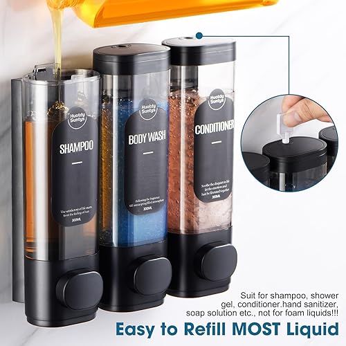 Miniatura 5 de Dispensador de champú y acondicionador, dispensador de jabón de ducha, 3 cámaras, sin taladro, para montaje en pared, dispensador de champú para