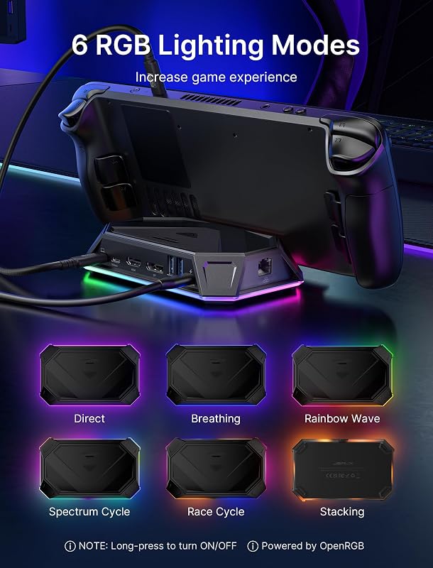 Docking station JSAUX RGB 12 în 1 pentru Steam Deck OLED, ROG Ally, Legion Go, 4K 120Hz, HDMI, DP, Gigabit Ethernet, USB-C 3.2, USB-A 3.2/2.0, SD, TF, 3.5mm, negru