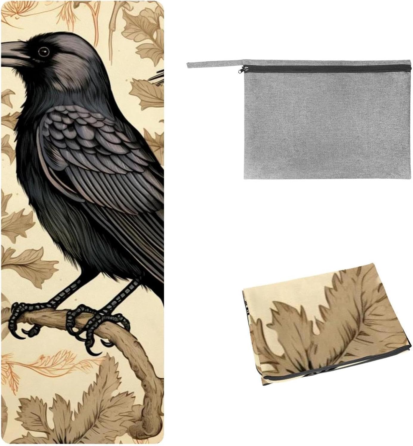 Yoga Towel, Black Crow Pattern Non Slip Sweat Absorbent Hot Yoga Mat Towel for Hot Yoga, Pilates and Fitness - 72.8" x 26.8"