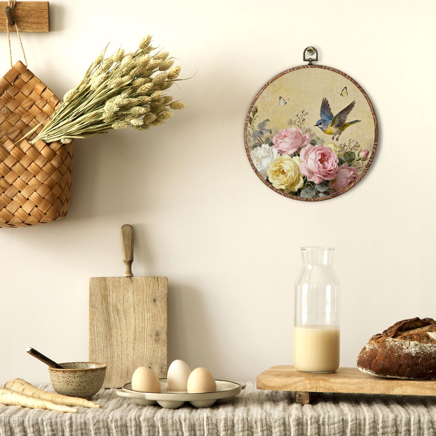 Saikociju Vintage Bird Rose Floral Round Wall Art Decor, Rustic Cottagecore Wildflower Bird Framed Hanging Wall Prints Artwork for Bedroom Living Room Home Office Decorations, 10x10 Inch image 4