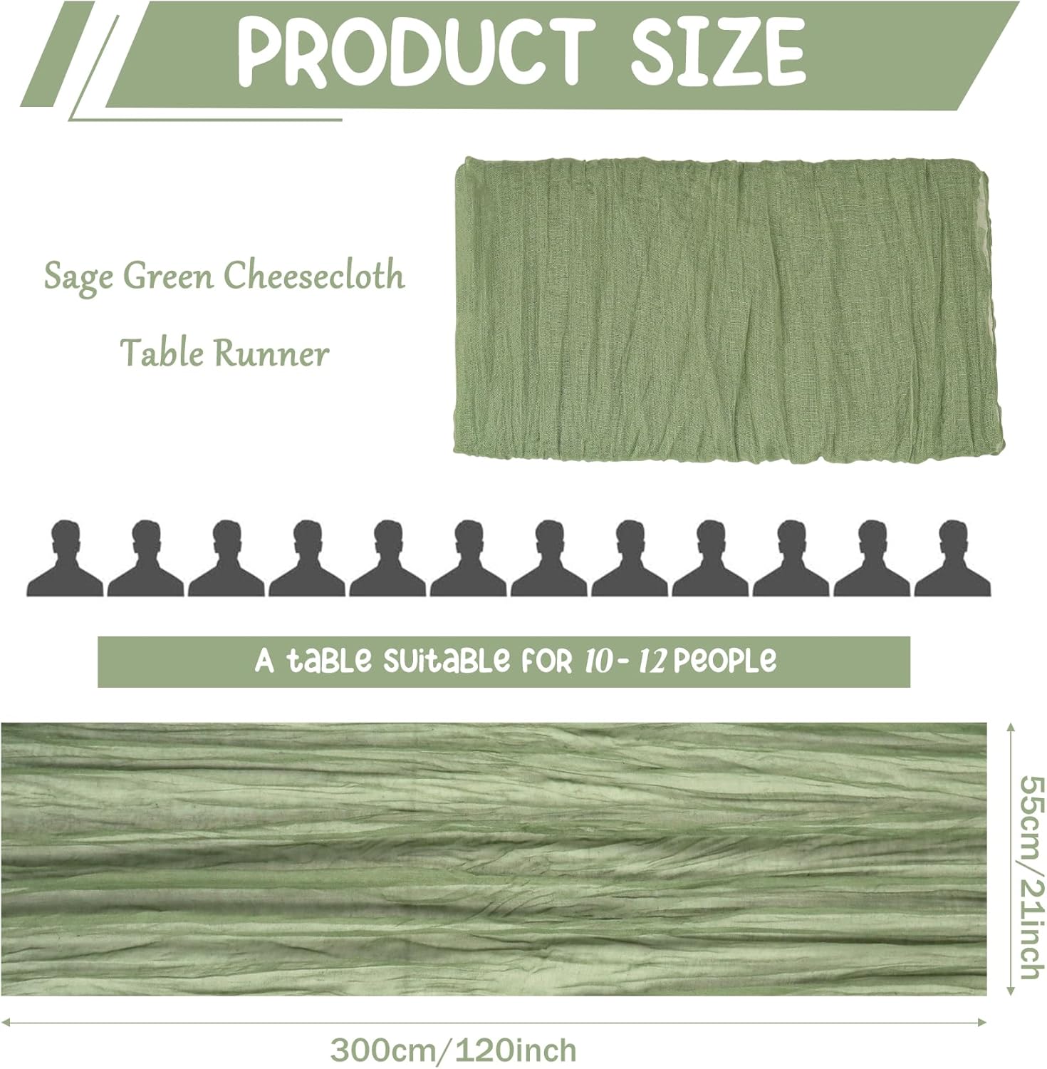 10 Pack Sage Green Cheesecloth Table Runner 10FT Boho Gauze Fabric Table Runner Vintage Rustic Sheer Runners for Wedding Party Bridal Baby Shower Long Table Decorations Sage Green 21"x120"