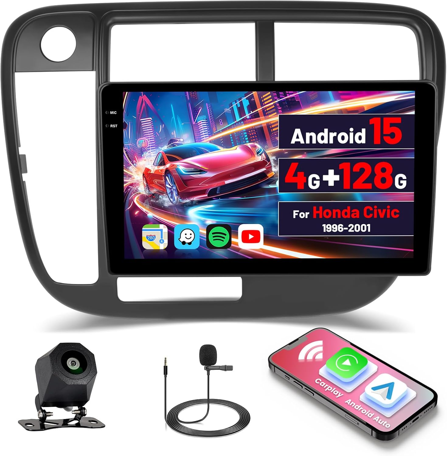 [4G+128G] Android 15 Car Radio for Honda Civic 1996-2001 with Wireless Carplay/Android Auto, 9 Inch HD Touchscreen Car Stereo with GPS WiFi Bluetooth FM/RDS EQ SWC Backup Camera MIC