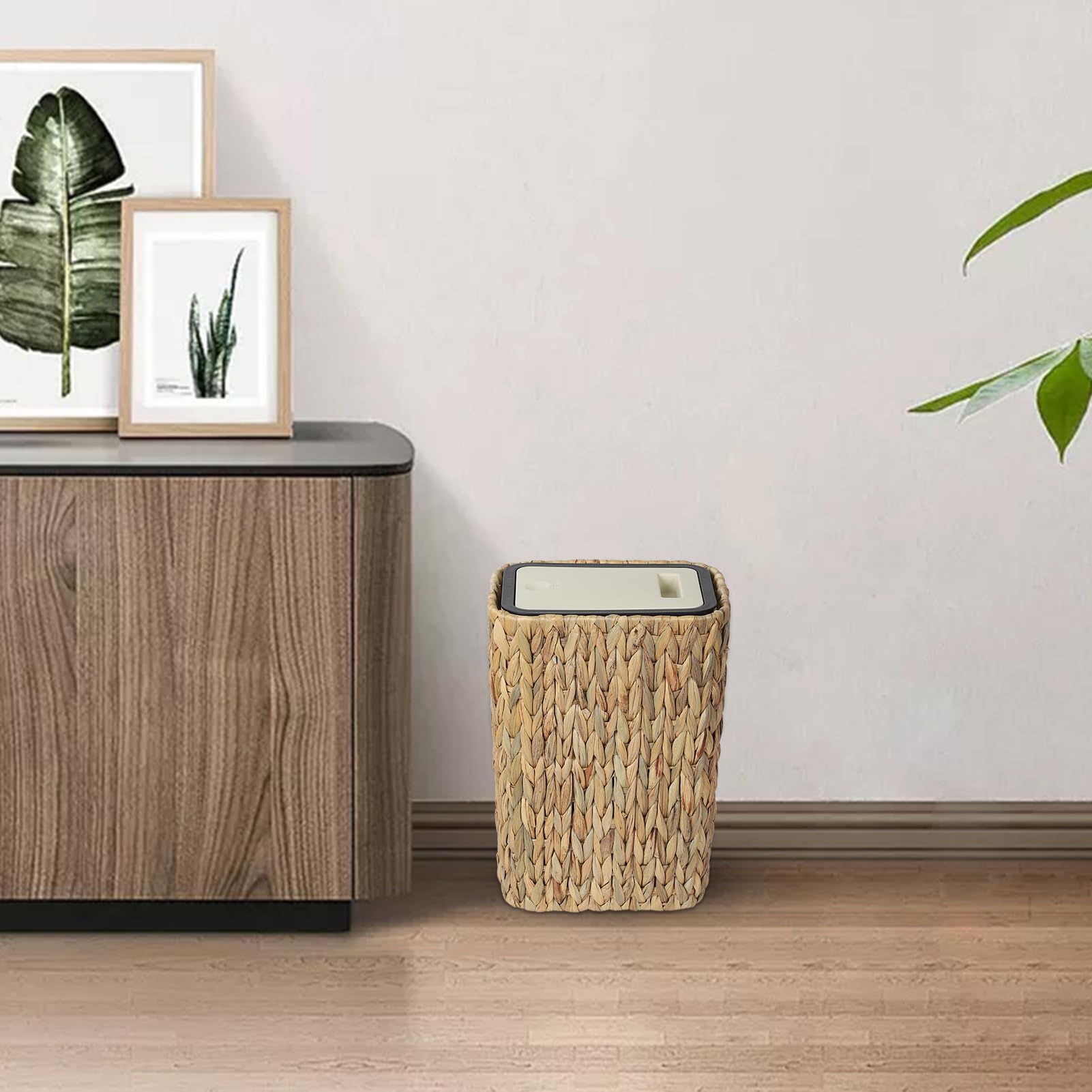 Cestino da Cucina Boho 12 Litri con Coperchio a Scomparsa, 2 in 1 in Rattan per Spazzatura, Piccolo per Bagno e Ufficio - Beige
