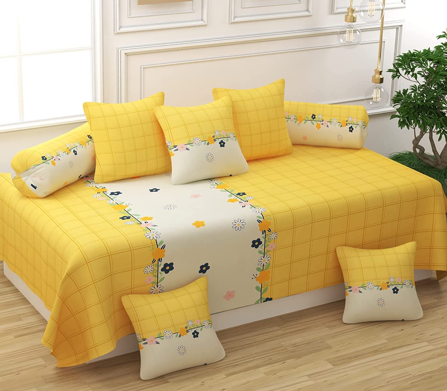Microfiber Floral Diwan Covers Set of 8Pcs (60X90 Inch Bedsheet, 16x16inch Cushion Covers, 18x28 inch Bolster Covers, Standard Size, Sky Blue)-image-14