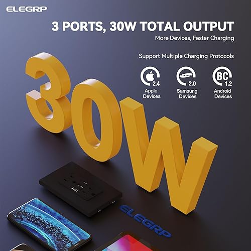 Miniatura 3 de ELEGRP Tomacorrientes USB, toma de pared de 3 puertos, toma eléctrica de 30 W 6.0 A, toma de corriente resistente a manipulaciones de 15 amperios