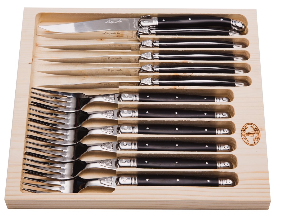 Jean DubostLaguiole 12-Piece Flatware Set, Black Handles - Rust-Resistant Stainless Steel - Includes Wooden Tray - Made in France