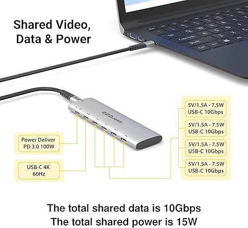 Miniatura 2 de EZQuest Adaptador USB-C Slim Gen 2 Hub 6 en 1 1 USB-C 4K60Hz Video, 4 USB-C Gen 2 10 Gbps, y 1 USB-C Power Delivery 3.0