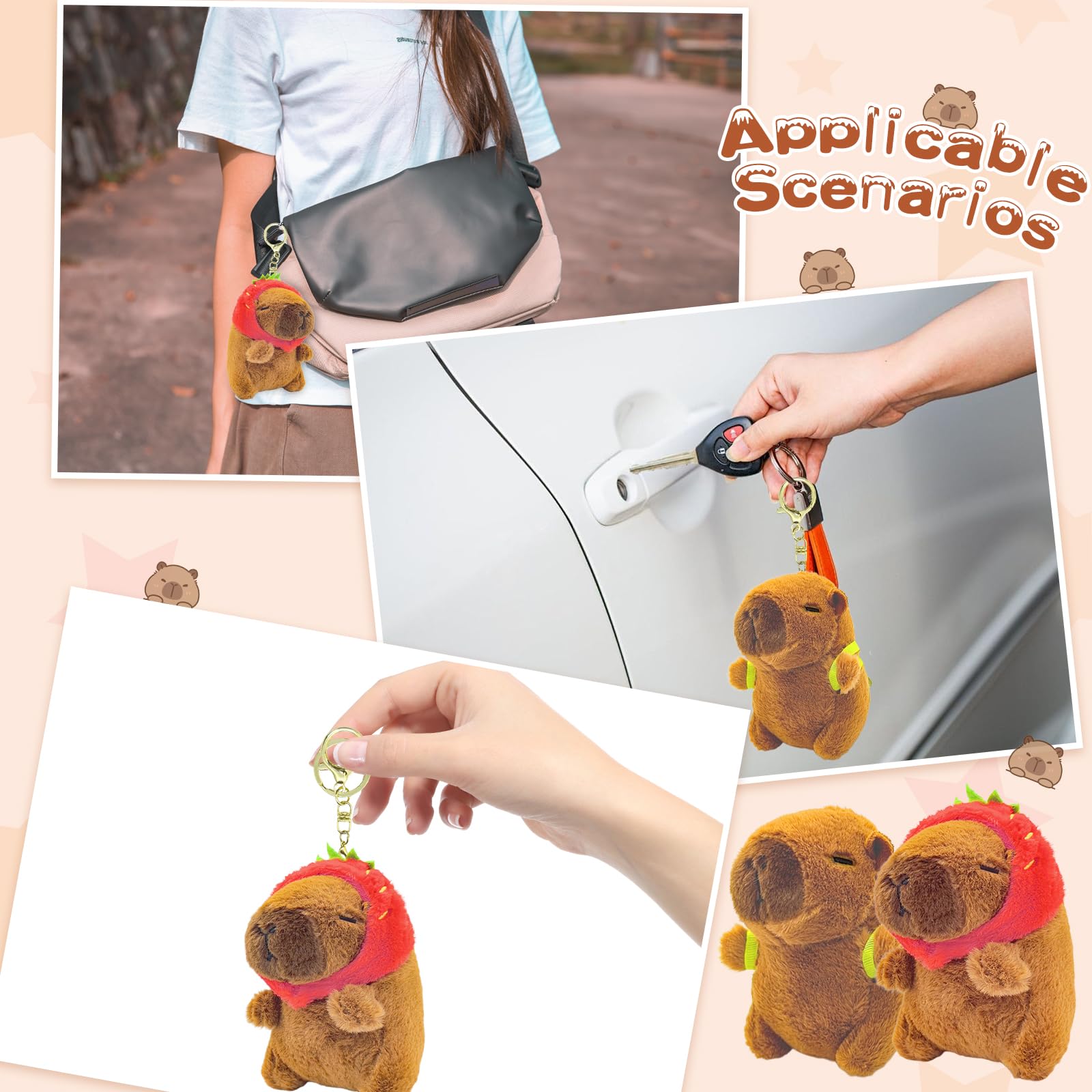 LHOEST 2 Llaveros De Peluche Capibara – Carpinchos Con Sombrero De Fresa Y Bolsa De Tortuga – Adorables Colgantes Para Mochila O Llaves