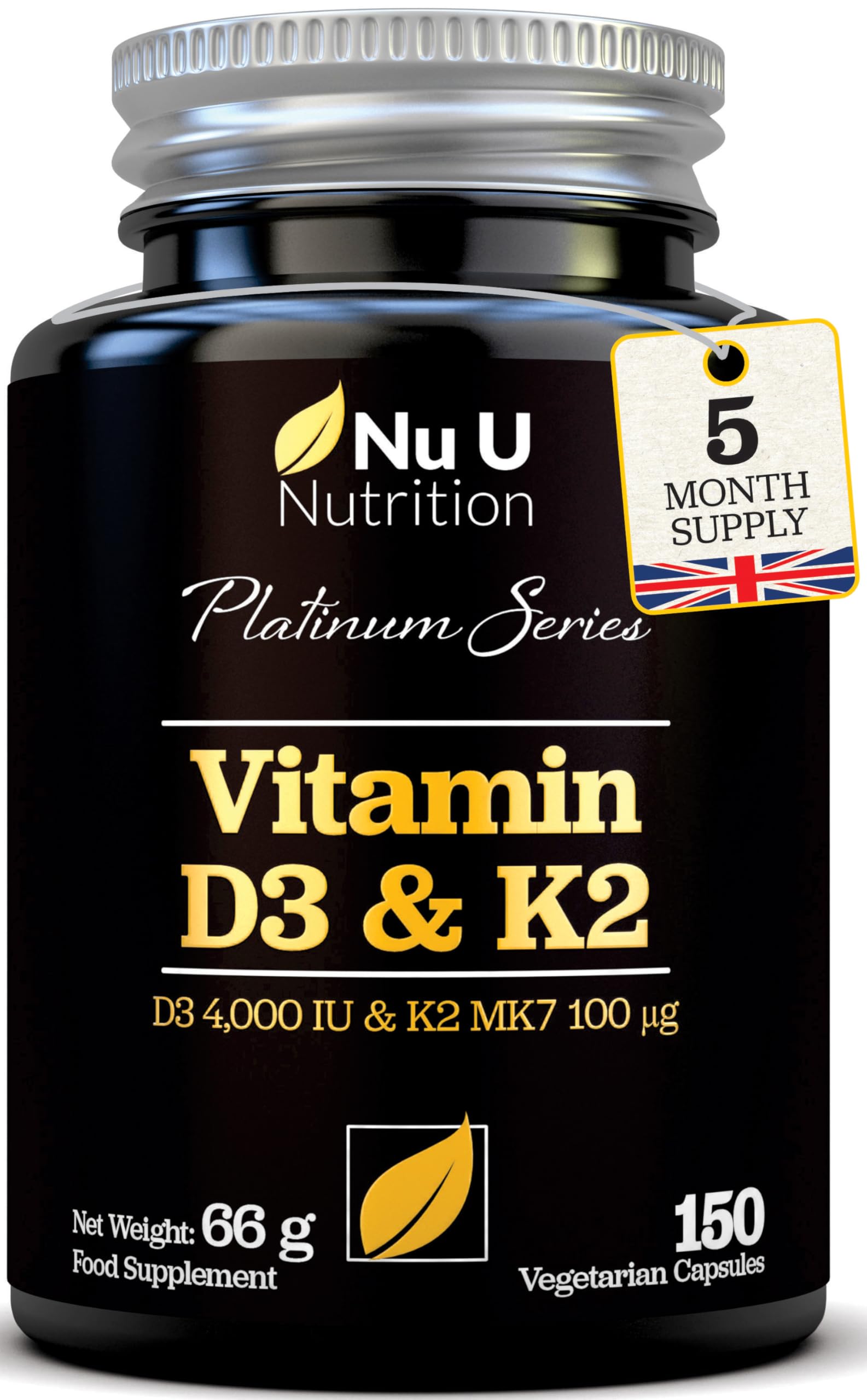 Vitamin D3 4000 IU and Vitamin K2 MK7 100μg - 150 Vegetarian Capsules - 5 Month Supply - High Strength Vitamin D K2 Supplement - Made in The UK