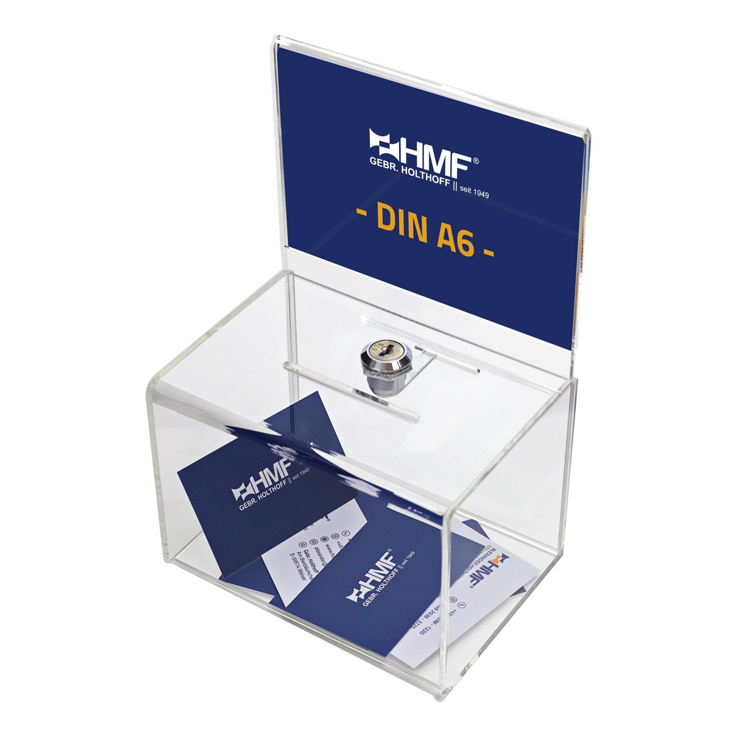 HMF 46912 Caja de donación de acrílico con inserto de hojas | 15,5 x 11 x 11 cm | Din A6 | Transparente