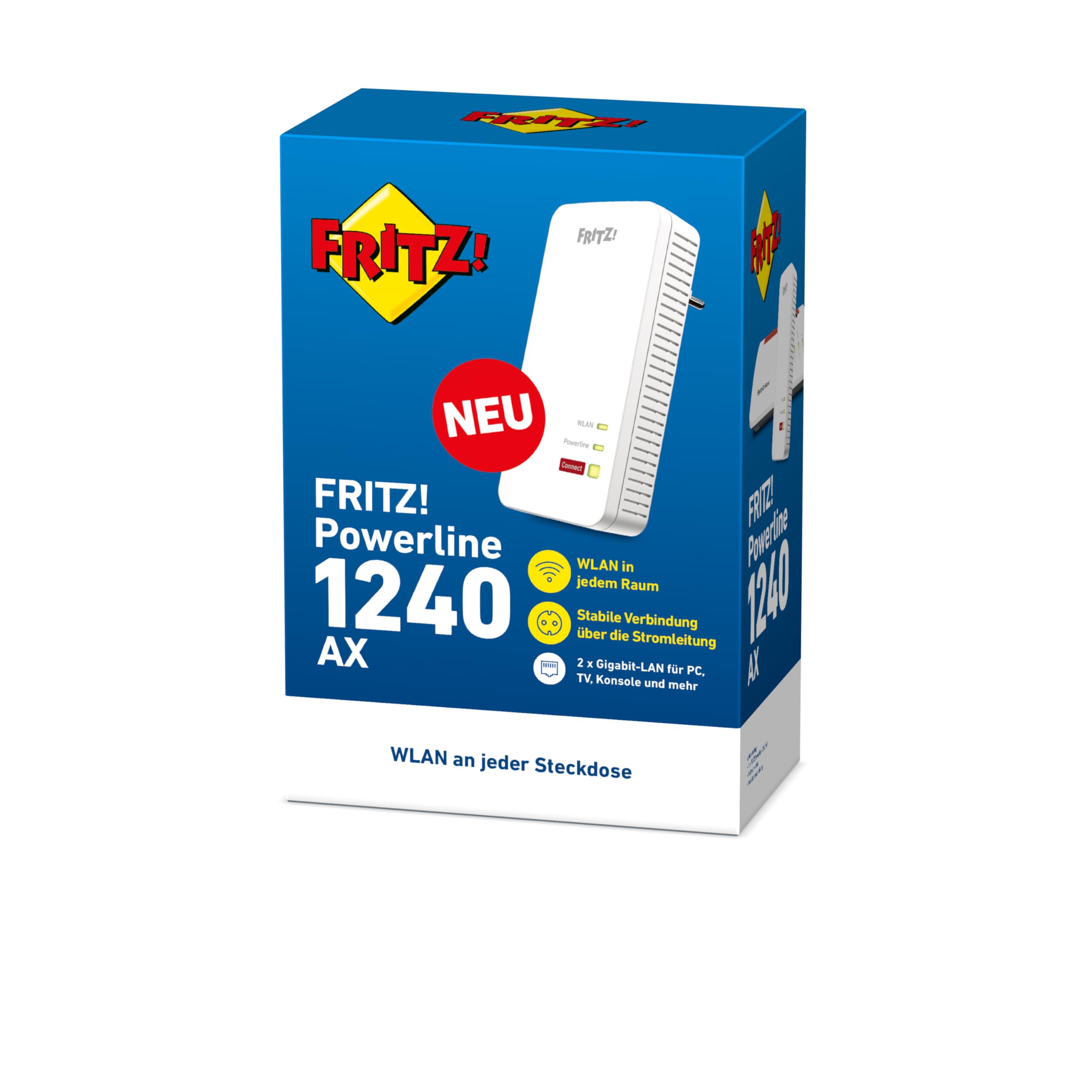 AVM Fritz!Powerline 1240 AX - Set WLAN Gigabit Powerline con Wi-Fi 6, punto di accesso Wi-Fi, ideale per streaming multimediale, video HD, Internet TV, 1200 Mbit/s, versione in lingua tedesca