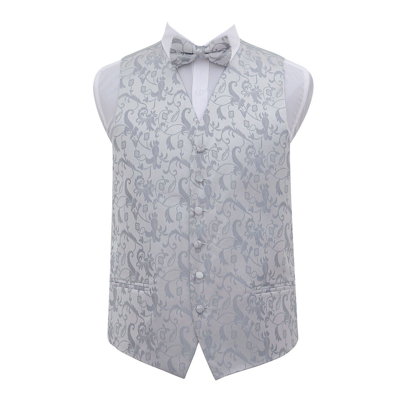 Dqt Men's Silver Floral Passion Jacquard Waistcoat & Pre-Tied Bow Tie Set (2Pc) - Wedding, Business & Formal - 38" M