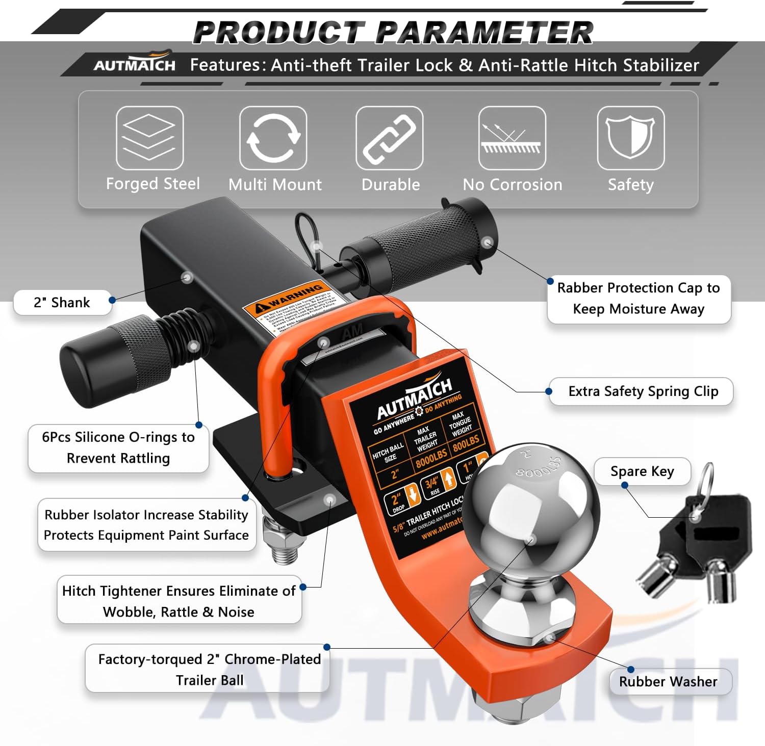 AUTMATCH Kinetic Recovery Tow Rope 7/8" x 20FT with Trailer Hitch Ball Mount 2 Inch, Heavy Duty Offroad Snatch Strap 35000Lbs for 4x4 Off-Road Vehicle, Truck, Trailer, ATV, UTV, Orange