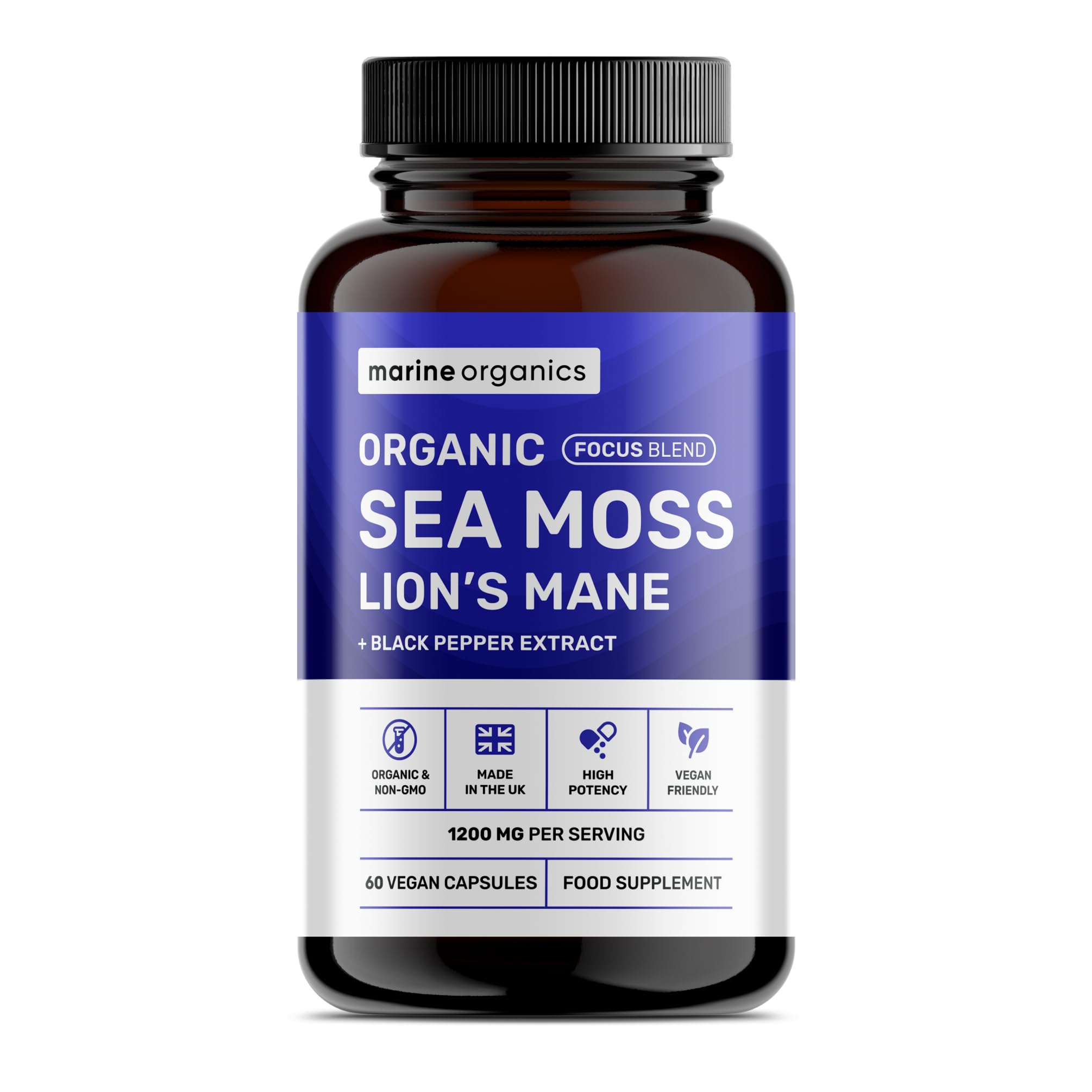 Organic Irish Sea Moss & Lions Mane Supplement - Focus Blend 60 Capsules - 1200mg High Strength Formulation w/Black Pepper - Immunity & Cognitive Support - Vegan, Non-GMO, UK Made, Certified Organic