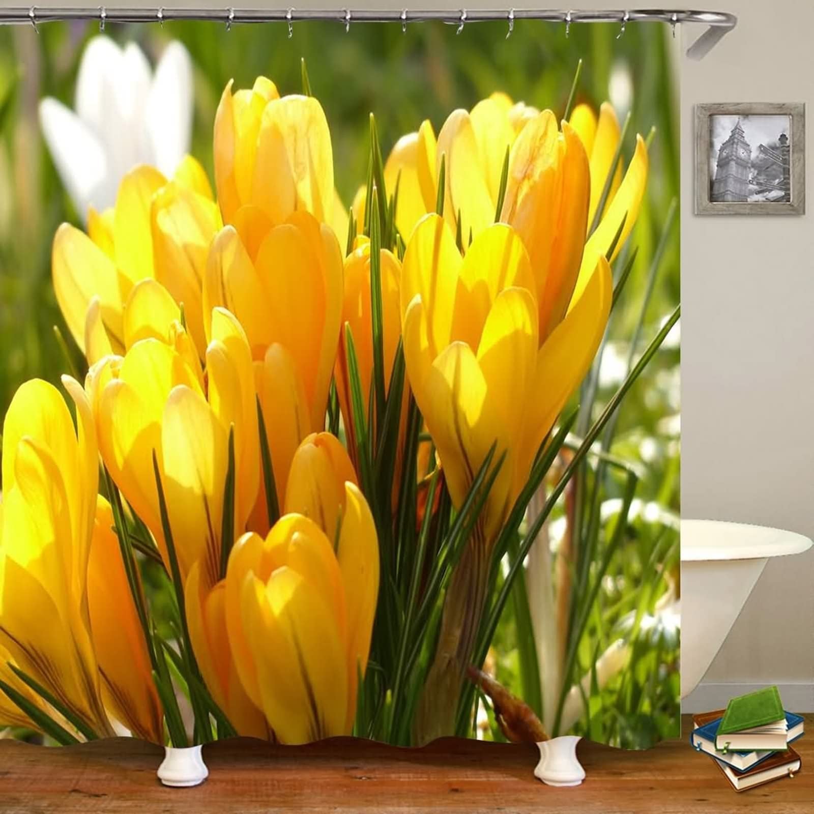 Rideau douche jaune 180x200cm en polyester imprimé tulipe avec anneaux