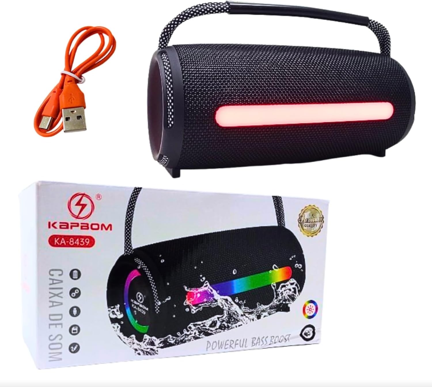 KAPBOM KA-8439 speaker, USB charging cable, and retail box.