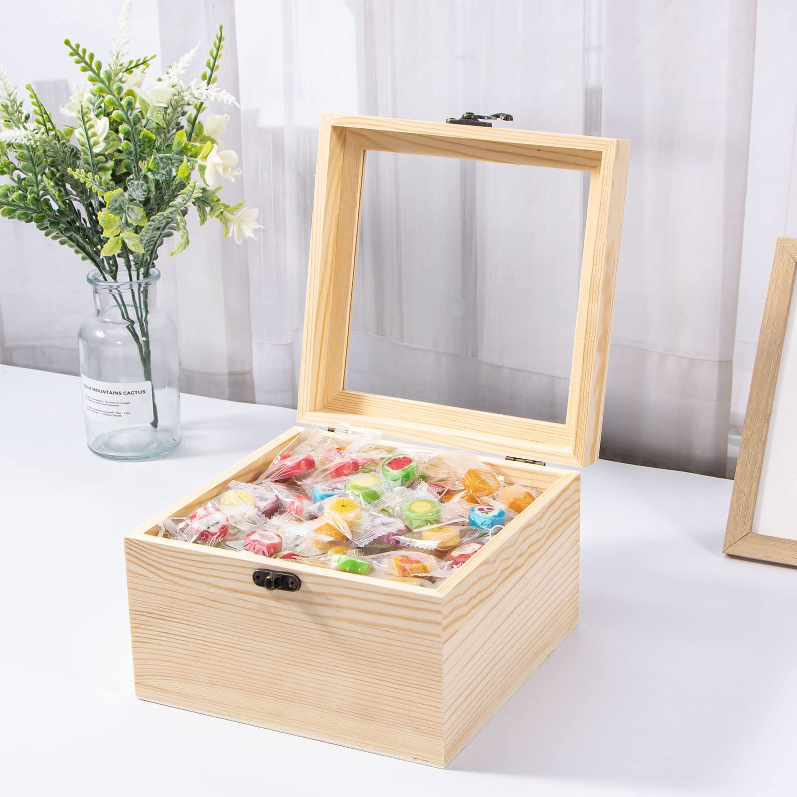 保存容器・ケース HAND BLOWN GLASS Useekoo Unfinished Wooden Display Box with Glass Top Hinged Lid