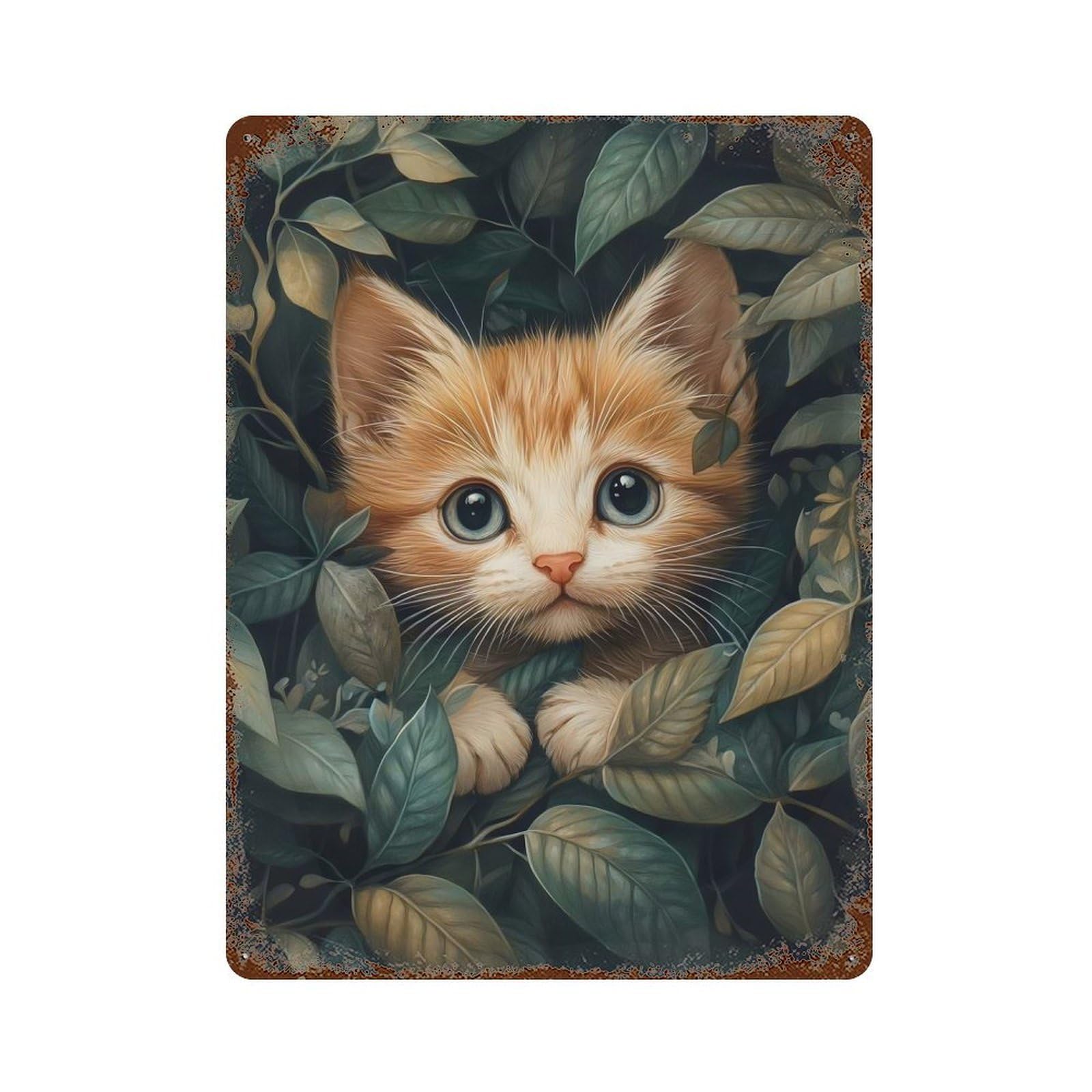 Kitten Hiding In Leaves 15.7"x11.8" Aged Metal Wall Plaque, Classic Wall Plaque for Basement, Hobby Room And Garage Decor