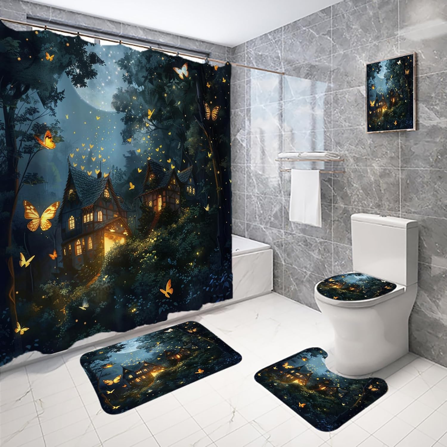 Night Dense Forest Shower Curtain Quaint House Bathroom Decor Tall Dark Trees Greenery Bathroom Set Full Moon Butterflies Shower Curtain Set with Toilet Lid Cover and Non-Slip Rugs for Bathroom
