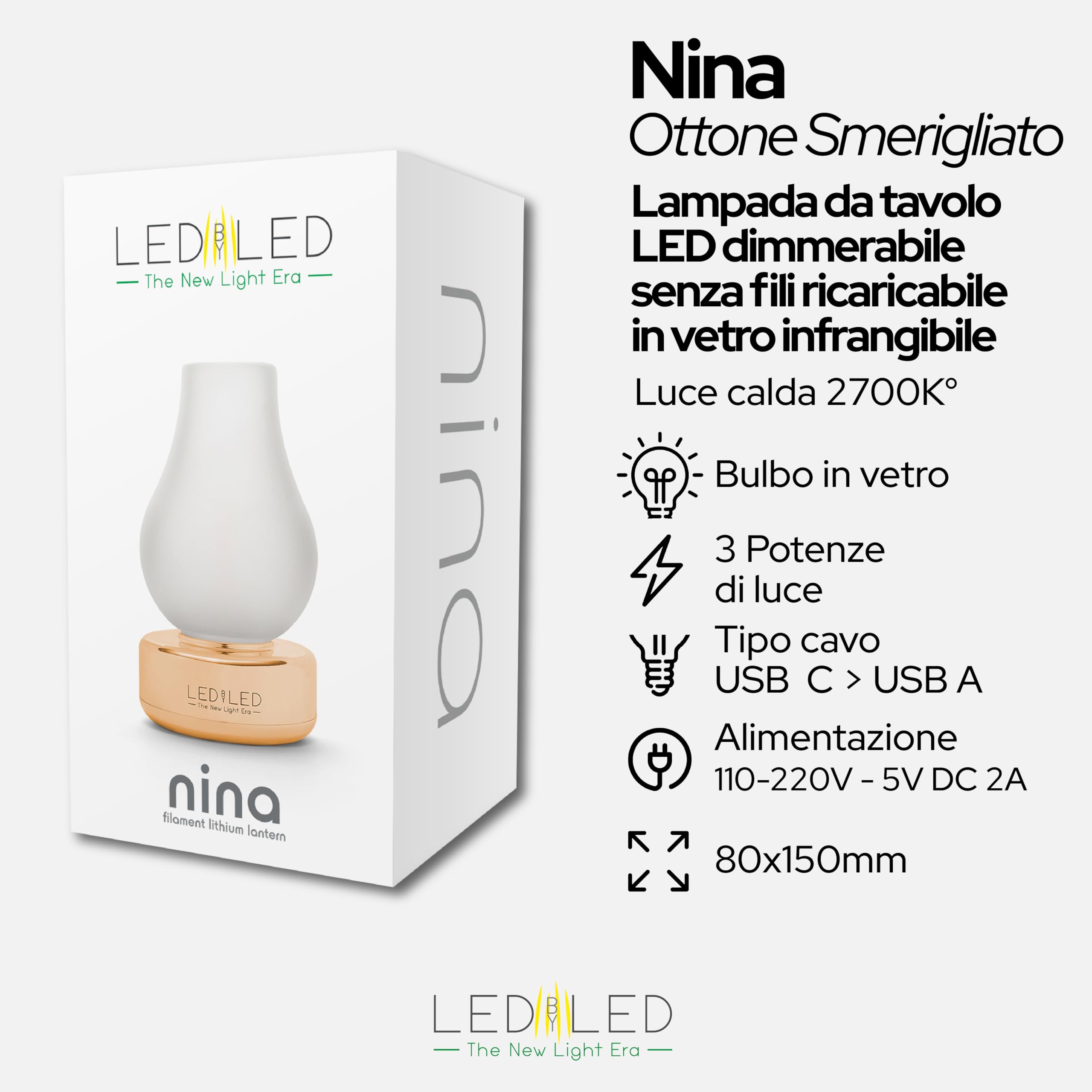 Lampada Da Tavolo Nina Ricaricabile, Dimmerabile Senza Fili, Base Ottone, Vetro Smerigliato, 3 Livelli Di Luce, Fino A 80 Ore Autonomia, IP54