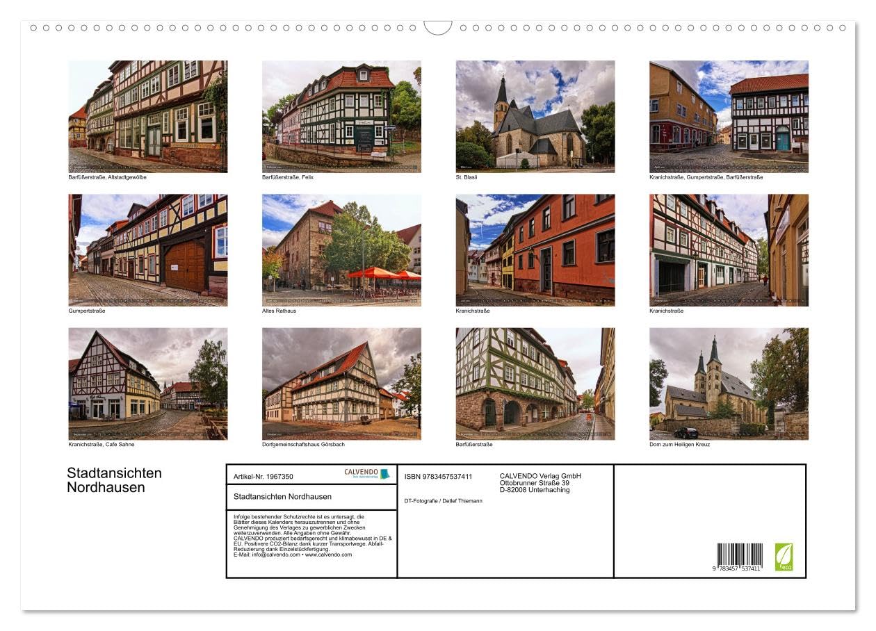 Stadtansichten Nordhausen (Wandkalender 2026 DIN A2 quer), CALVENDO Monatskalender: Die Kreisstadt in Thüringen besticht durch ihre schönen Fachwerkhäuser und ihre Kirchen.