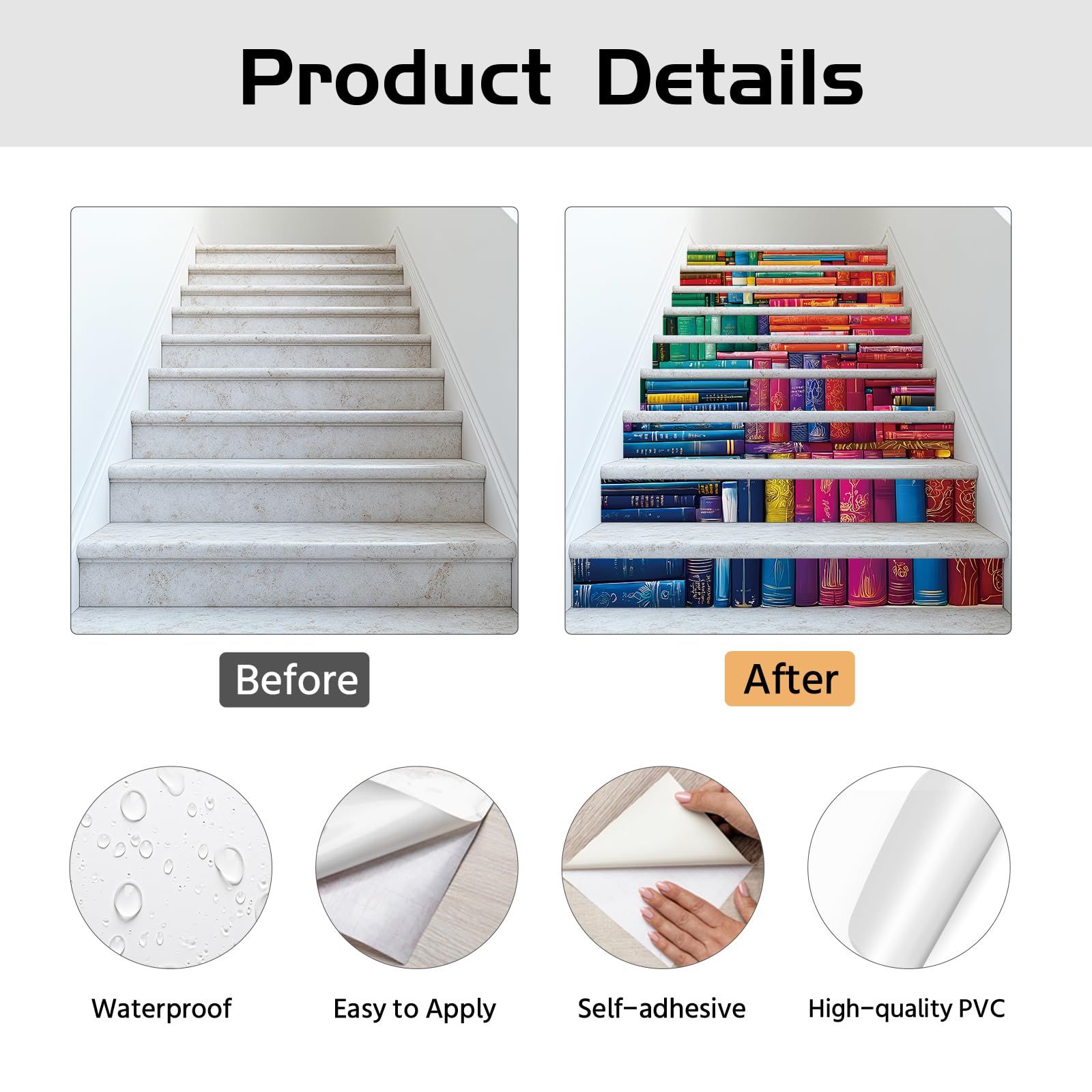 PLIGREAT Adesivi colorati per rialzi per scale, confezione da 15 adesivi autoadesivi creativi per scale, decorazione fai da te, per casa, hotel, scale, 18 x 100 cm