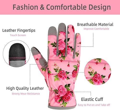 Miniatura 5 de Guantes de jardinería de cuero para mujer, elastano flexible y transpirable, guantes de jardinería a prueba de espinas para patio, regalos de jardín