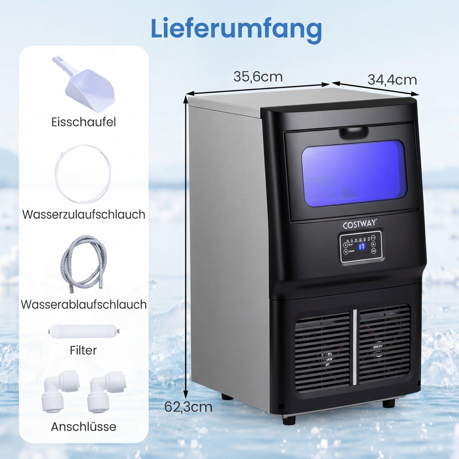 COSTWAY kommerzielle Eiswürfelmaschine 25-30 kg/24 h, gewerblicher Eismaschine aus Edelstahl mit Selbstreinigung, Wasserfilter, Eiswürfelbereiter freistehend/Untertheken für Zuhause, Bar, Restaurant