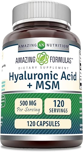 Amazing Formulas - Suplemento de ácido hialurónico y MSM de 500 mg, 120 cápsulas | Sin OMG | Sin gluten | Fabricado en Estados Unidos