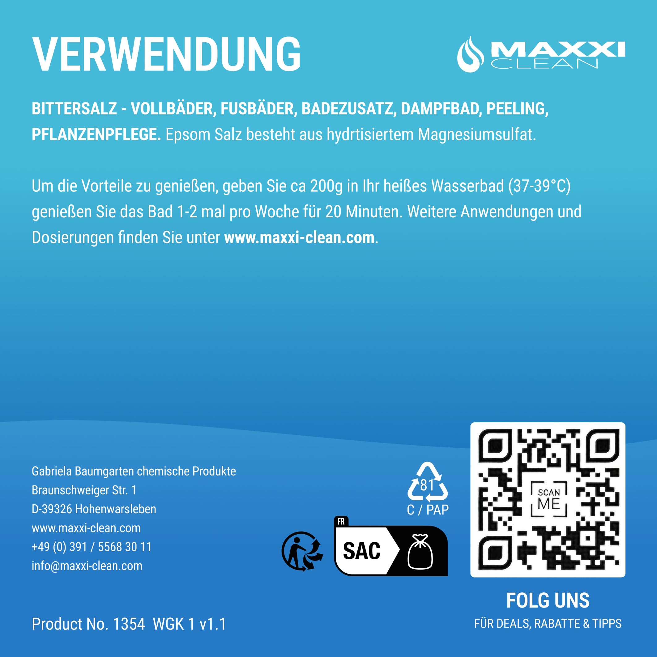 Maxxi Clean | 1 x 900 g wysokiej czystości soli gorzkiej | sól do kąpieli do wellness i peelingu ciała | Sól Epsom Made in Germany | czysty relaks dla mięśni, skóry i duszy | magnez nadaje się do