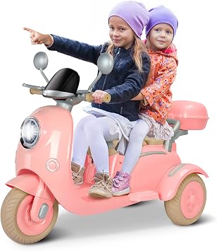 12V Ride on Motorcycle for Kids, 2 Seater Electric Moped, Pink