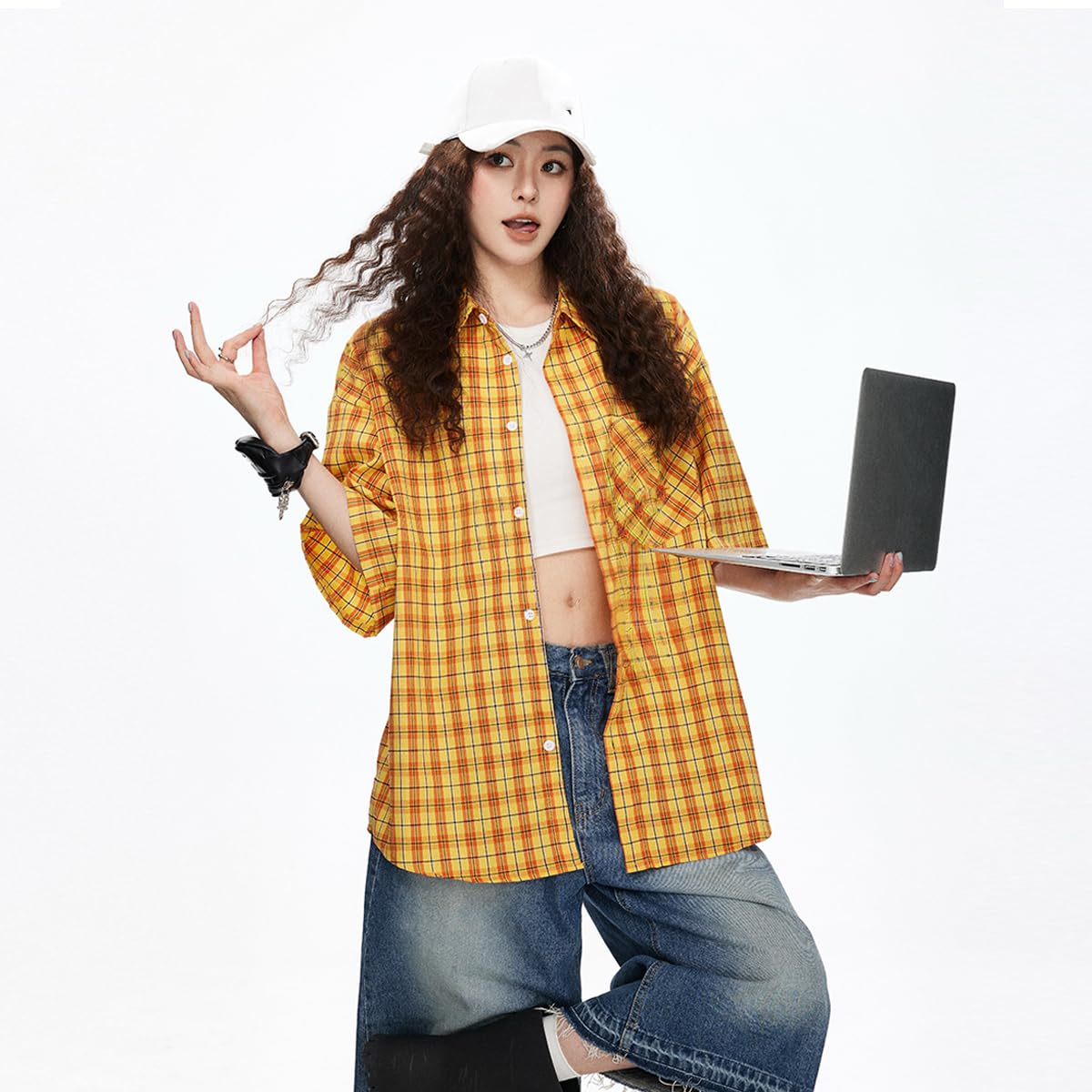 Chemise Femme à Carreaux Jaune à Manches Courtes Brodée Lettres