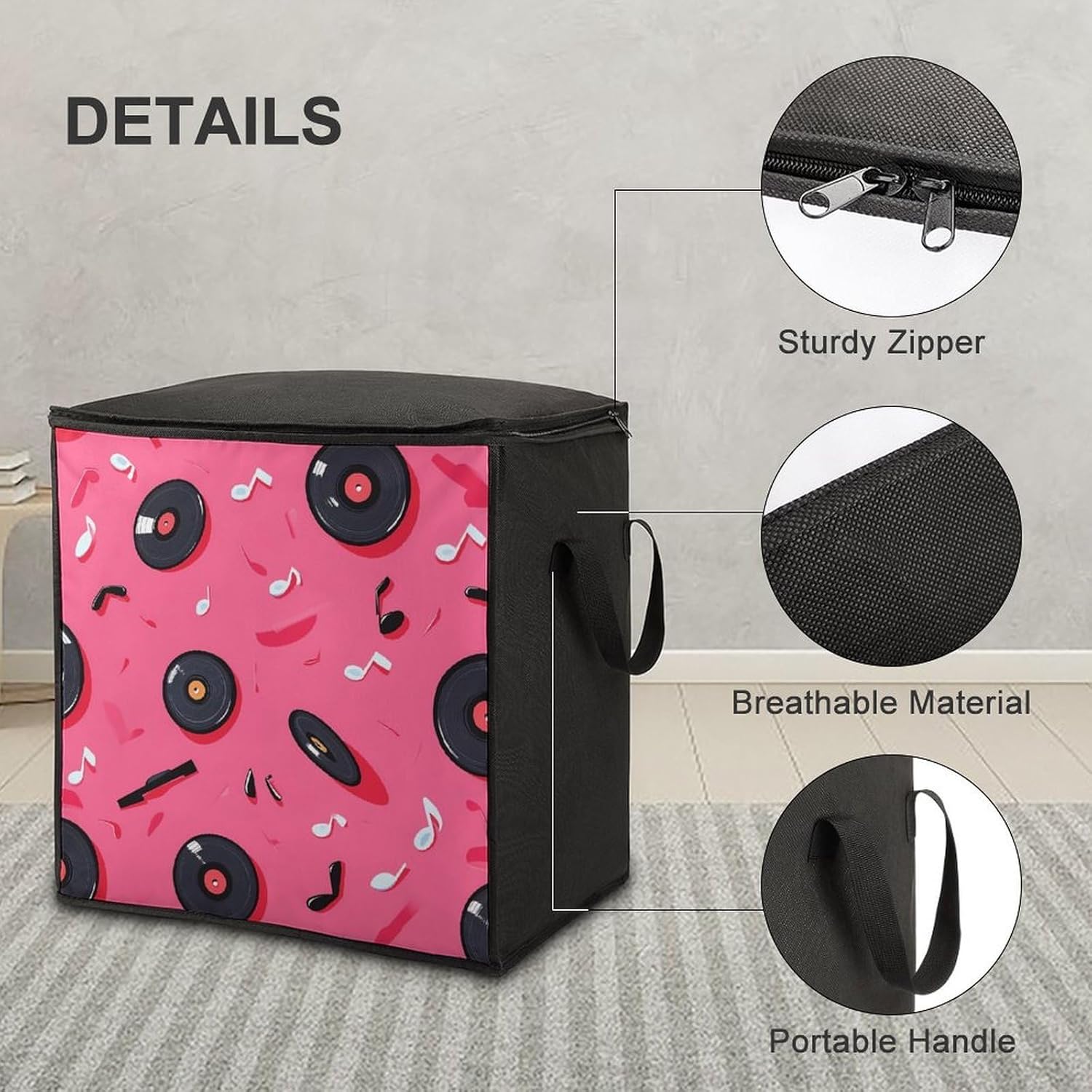 Vinyl Records Musical Notes 80s Large Comforter Blanket Storage Bags Bins 70L Closet Organizer with Handles