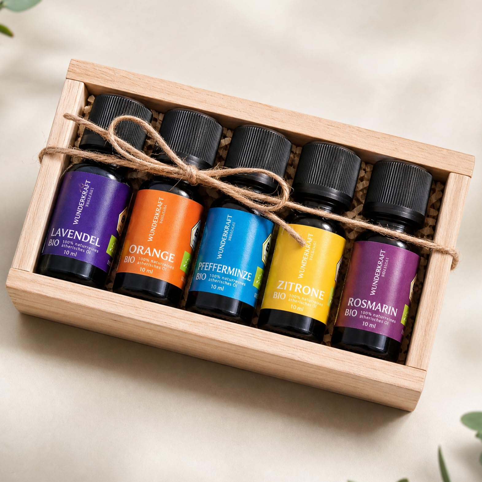 Bio Ätherische Öle Geschenkset 5 x 10 ml, Lavendel, Orange, Zitrone, Pfefferminze & Rosmarin – Naturreine Bio Duftöle in handgefertigter rustikaler Holzkiste, Für Diffuser, Aromatherapie, Saunaaufguss