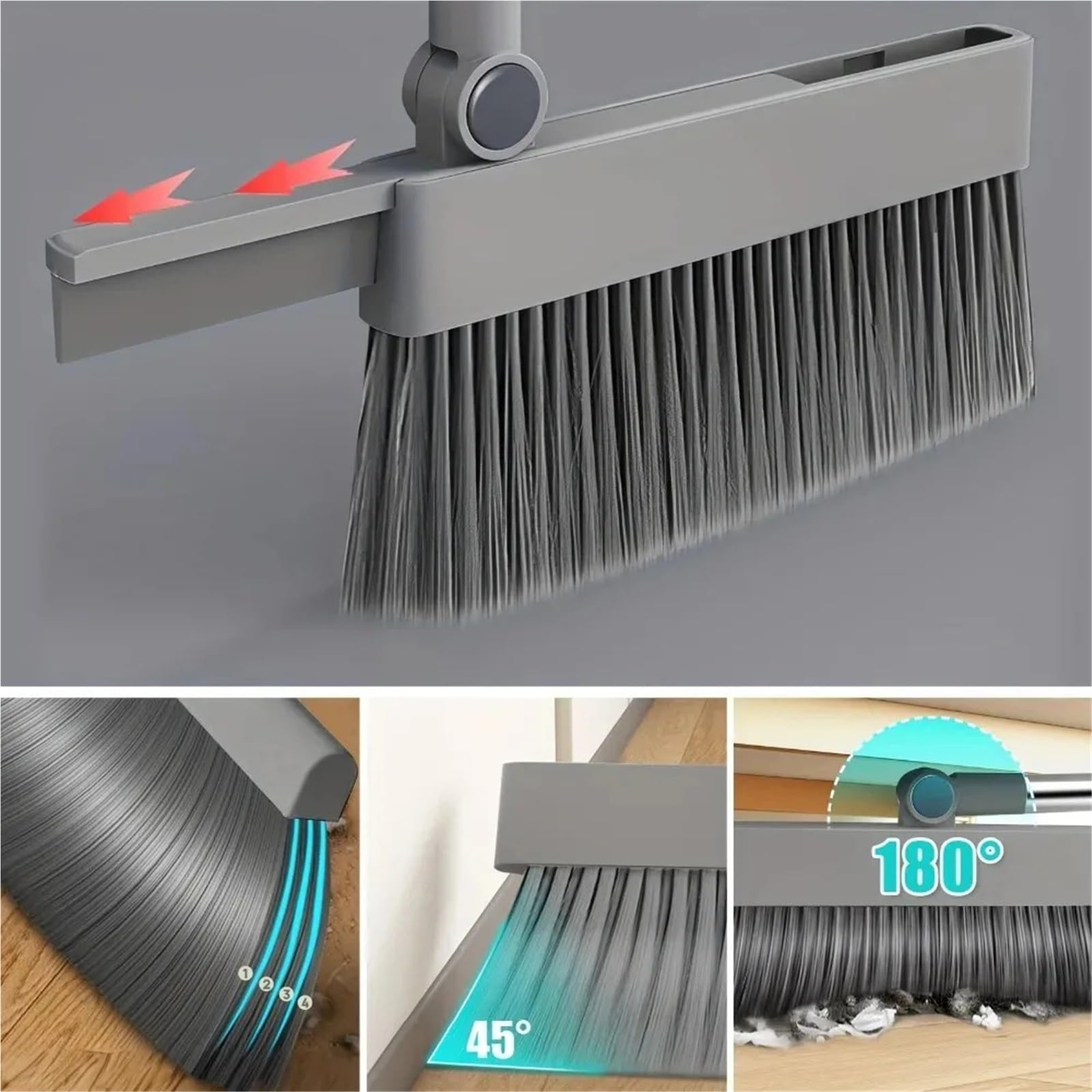 Juego De Escoba Y Recogedor Juego de Escoba y recogedor 4 en 1 Doble Uso for el hogar la Oficina con Cepillo Piso escobilla Goma Oculta for Limpieza Vidrio Grasa(Gray)
