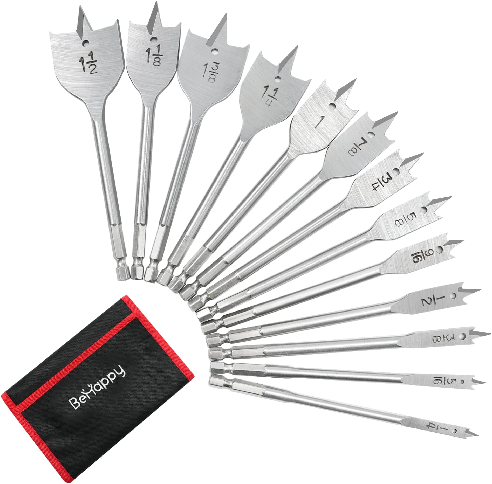 BEHAPPY 13 Piece Spade Drill Bit Set, Wood Drill Bit Set, Paddle Flat Bit Sets for Woodworking, Carbon Steel Paddle Flat Bit with Quick Change Shank, Nylon Storage Pouch Included, 1/4" to 1-1/2"