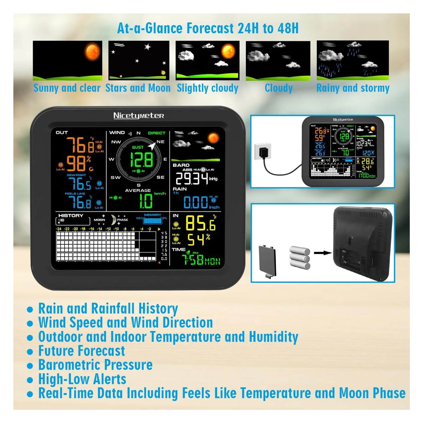 5-in-1 Indoor Outdoor Wireless Weather Station Temperature And Humidity Wind Speed Direction Rainfall With Digital Display 0345