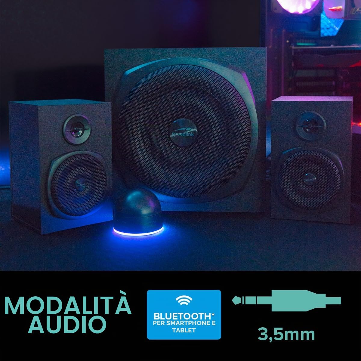 Speedlink GRAVITY LT Sistema di Altoparlanti Bluetooth 2.1 - con Subwoofer in legno, Altoparlanti Multimediali attivi 80 watt, jack AUX da 3,5 mm, telecomando da tavolo RGB, nero