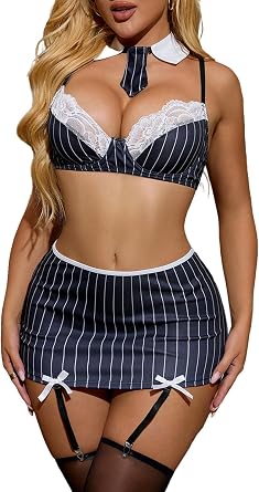 Aranmei Womens Striped Costume Set Lace Top Schoolgirl Outfits with Detachable Tie and Mini Skirt Outfit 5 Pieces