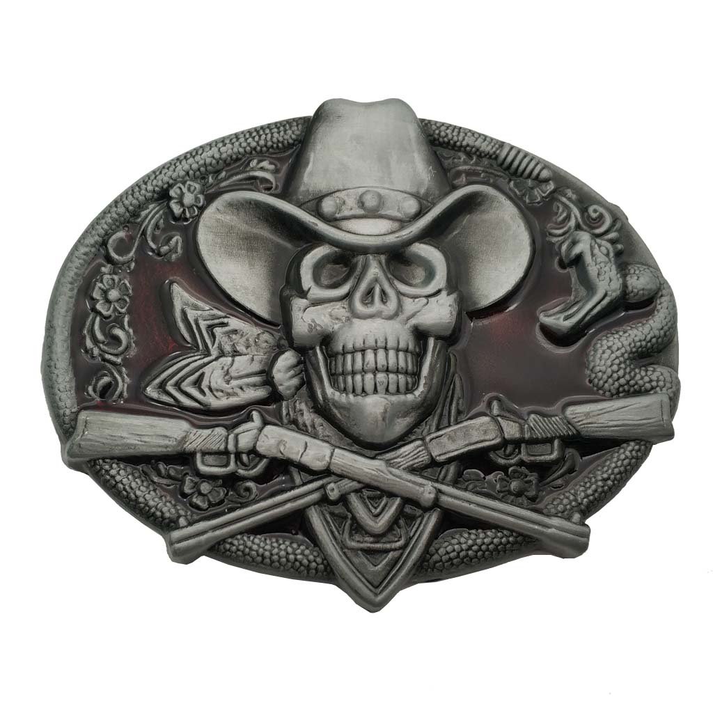 Xwest Men's Red Yone Western Cowboy Skull Pirate Rifles Belt Buckle (Size: 1.5 Inch)