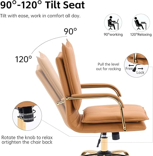 Miniatura 4 de Silla de oficina ergonómica de cuero con respaldo medio, moderna silla ejecutiva tapizada, diseño giratorio ajustable con patas y reposabrazos