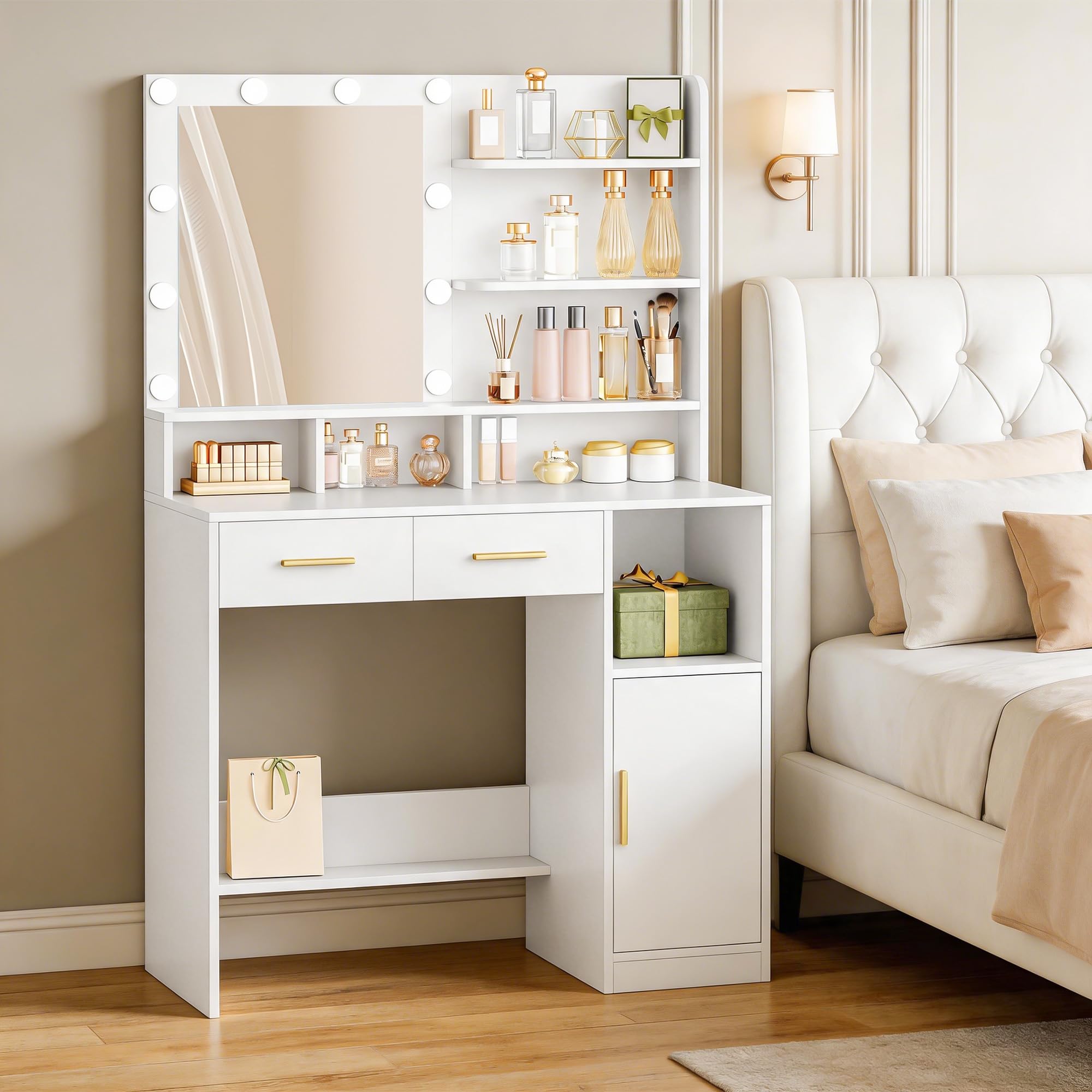 Hzuaneri Dressing Table with Mirror, Vanity Desk with 2 Drawers, White
