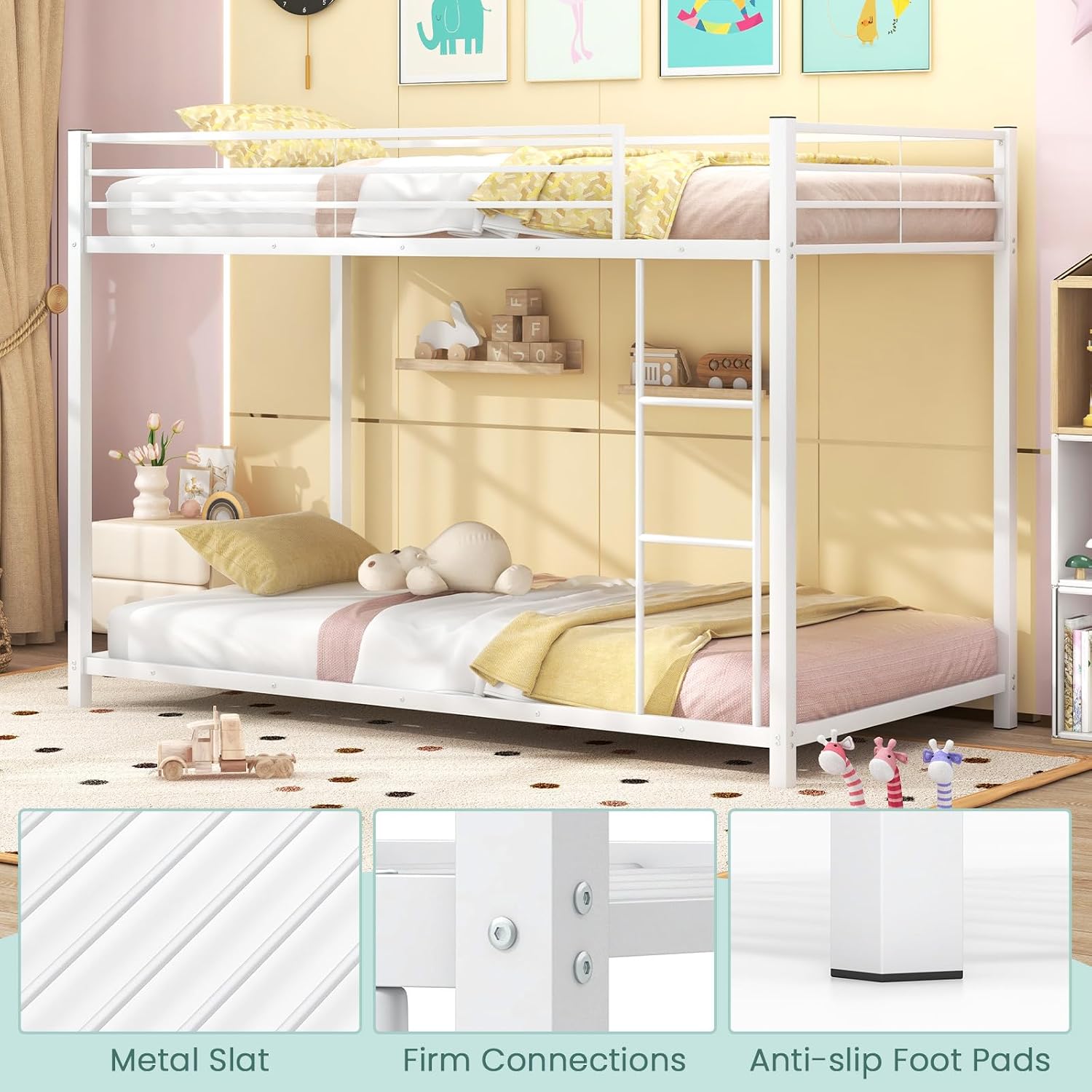 Metal Bunk Bed Twin Over Twin, Low Loft Bunk Bed with Guard Rail, Ladder & Slats, No Box Spring Needed, Space Saving Bed Frame for Bedroom, Dorm, Apartment (White)