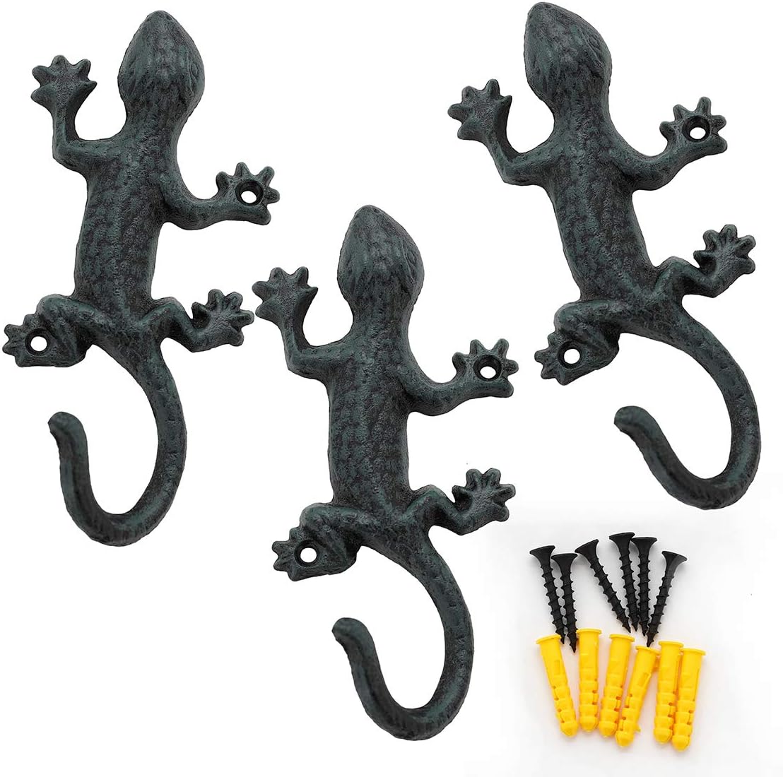 ChasBete Coat Hooks Hanging Wall Mounted Rustic Decorative Gecko Hook, Cast Iron 6 Inch Key Holder Wall Decor, Set of 3